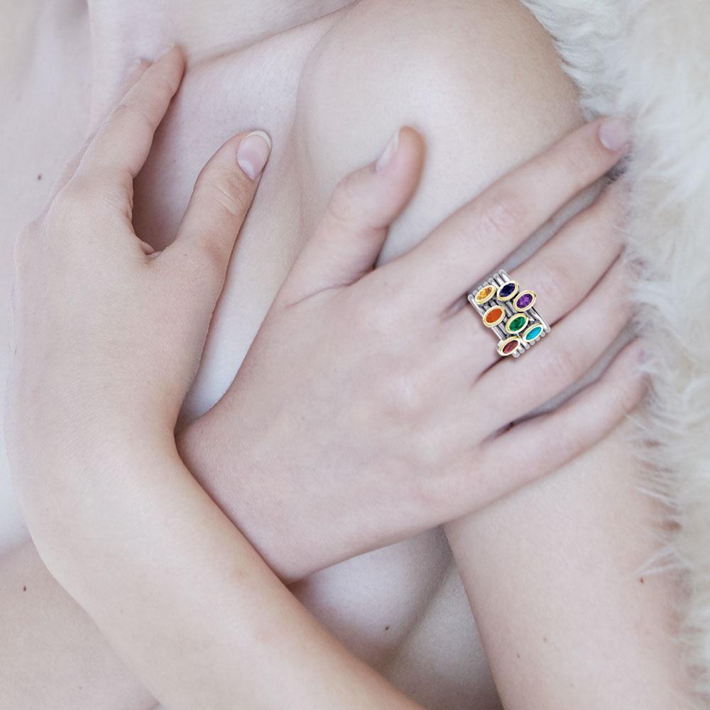 Oval Chakra Gemstone on Silver and Gold Stack Ring MRI1856