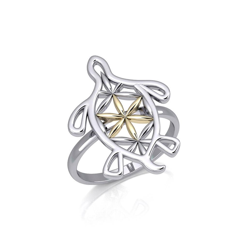Turtle with Flower of Life Shell Silver and Gold Ring MRI1894