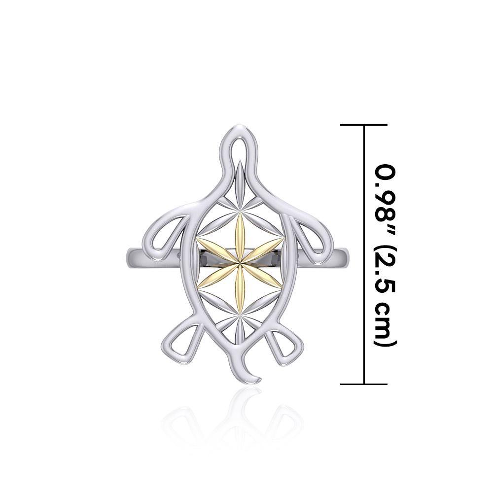 Turtle with Flower of Life Shell Silver and Gold Ring MRI1894