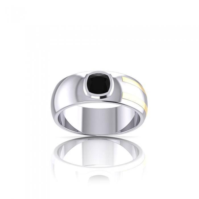 Black Magic Rectangle Solitare Silver & Gold Ring MRI478