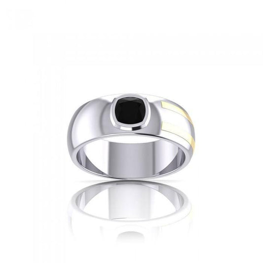 Black Magic Rectangle Solitare Silver & Gold Ring MRI478