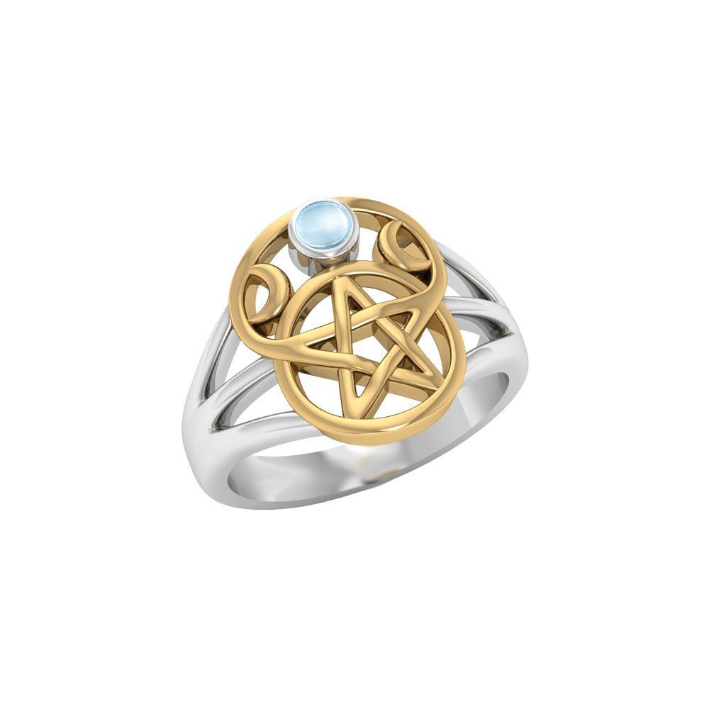 Silver and Gold Pentagram Ring with Gem MRI485 - Wholesale Jewelry
