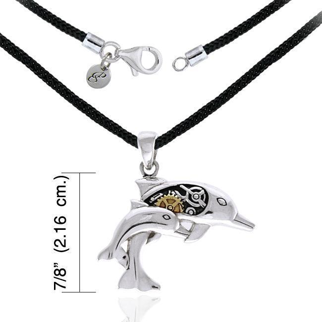 Steampunk Dolphins Sterling Silver with 14K Gold Accent Pendant And Nylon Cord MSE690
