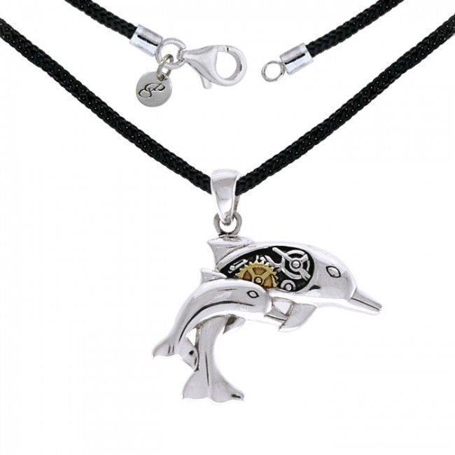Steampunk Dolphins Sterling Silver and Gold Necklace Set MSE690