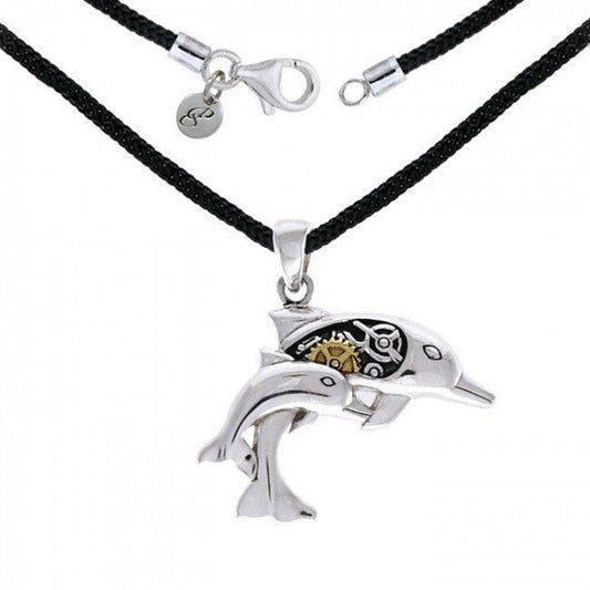 Steampunk Dolphins Sterling Silver and Gold Necklace Set MSE690