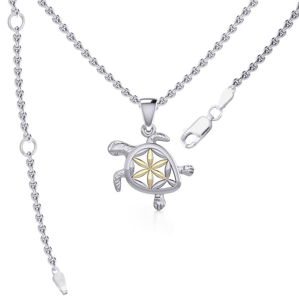 Swimming Turtle with Flower of Life Shell Silver and Gold Accent Pendant and Chain Set MSE973 - Wholesale Jewelry