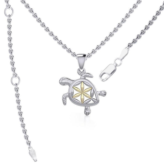 Swimming Turtle with Flower of Life Shell Silver and Gold Accent Pendant and Chain Set MSE973 - Wholesale Jewelry