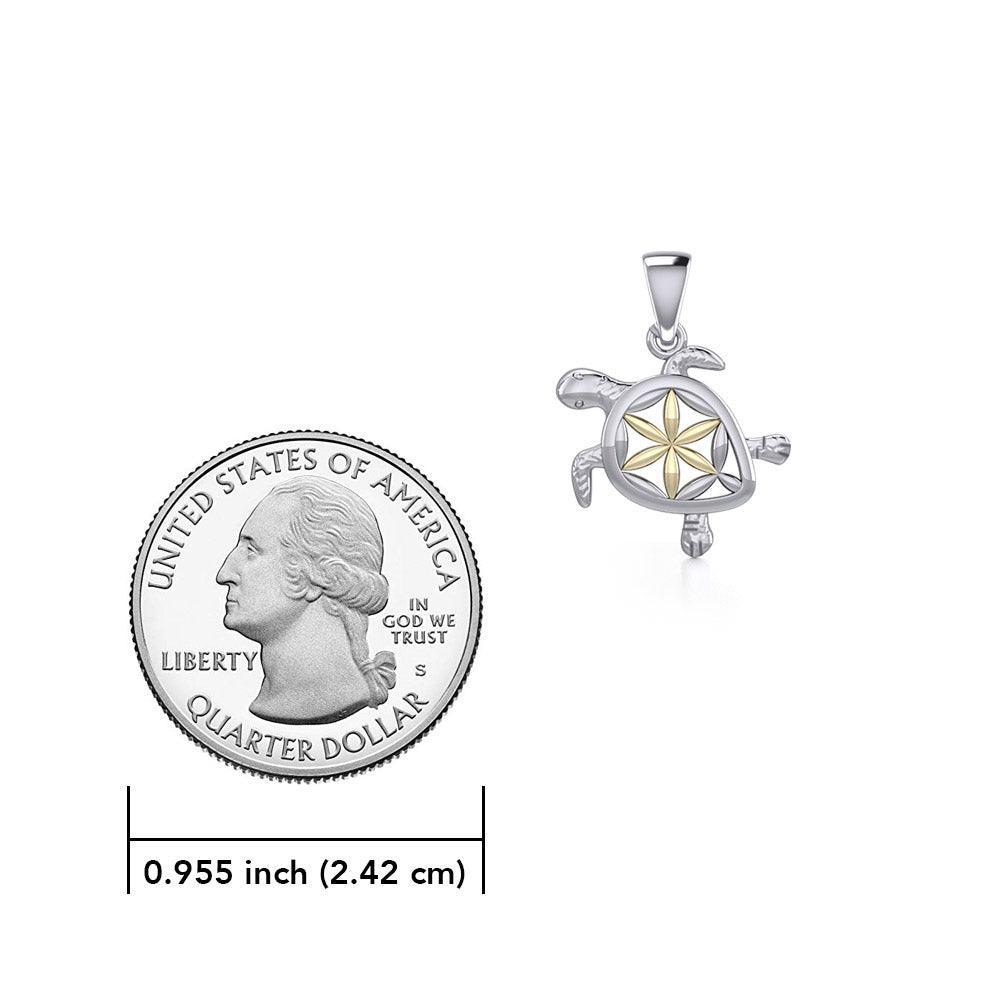 Swimming Turtle with Flower of Life Shell Silver and Gold Accent Pendant and Chain Set MSE973 - Wholesale Jewelry