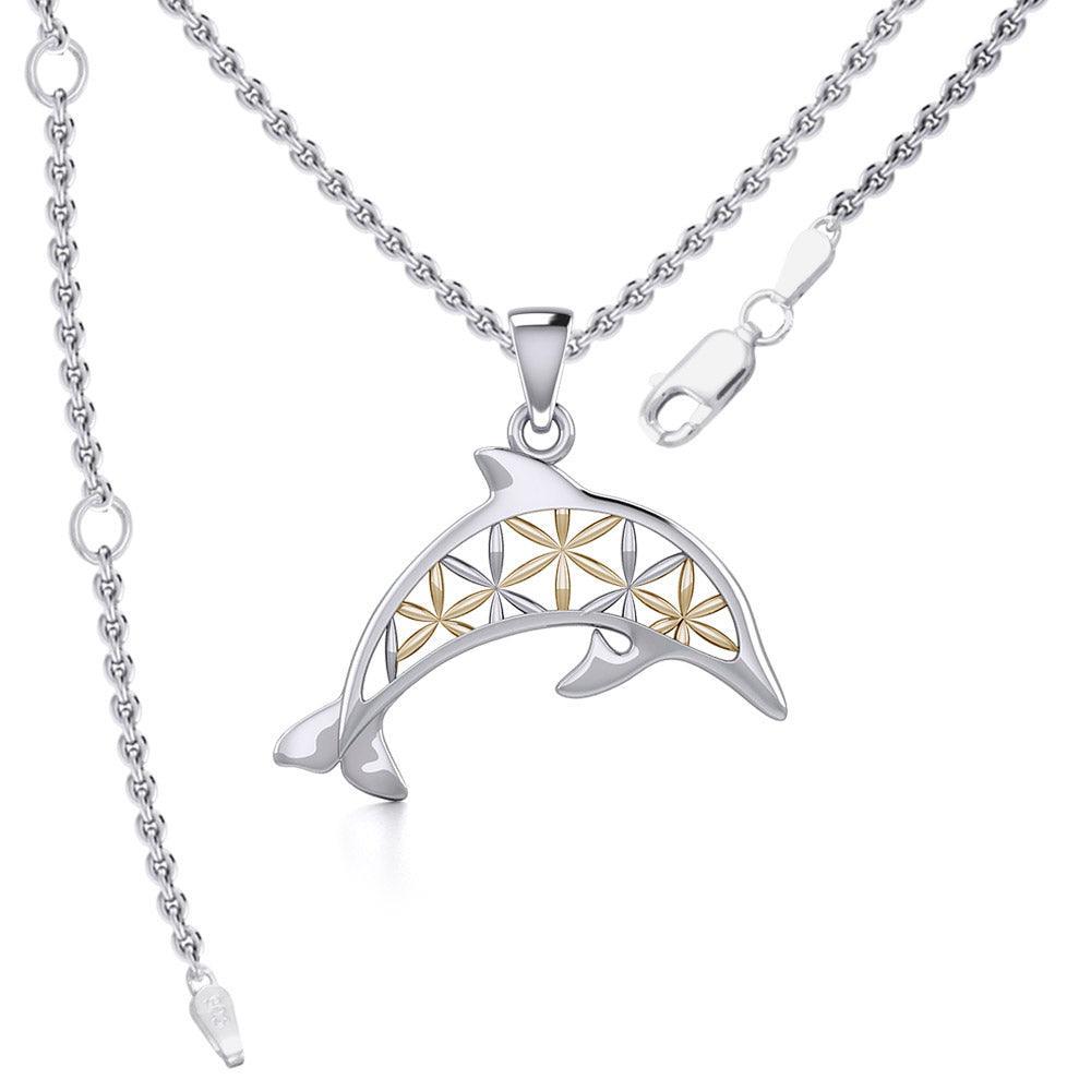 Swimming Dolphin with Flower of Life Silver and Gold Accent Pendant and Chain Set MSE975 - Wholesale Jewelry