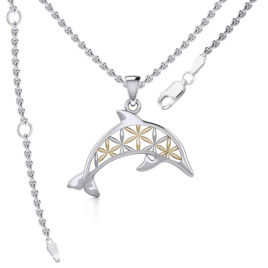 Swimming Dolphin with Flower of Life Silver and Gold Accent Pendant and Chain Set MSE975 - Wholesale Jewelry