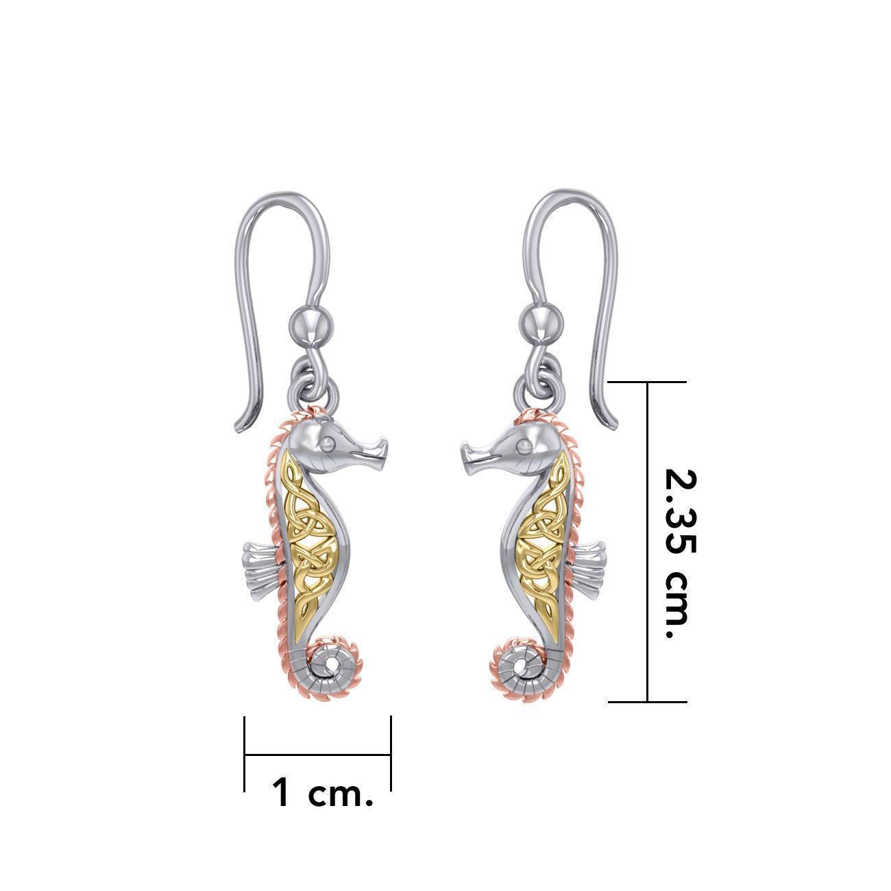 Celtic Knotwork Sterling Silver Seahorse Hook Earrings with 14k Gold and Pink accents OER033
