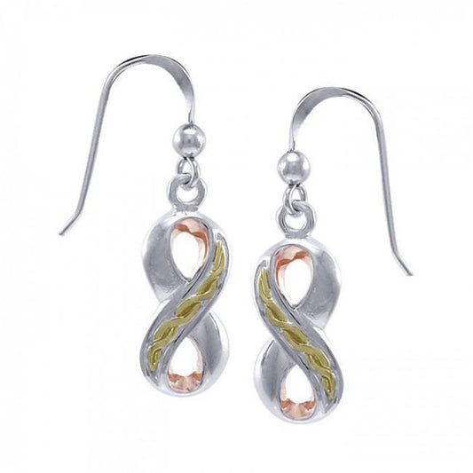 Endless connection ~ Sterling Silver Three Tone Celtic Knotwork Infinity Dangle Earrings Jewelry with 14k Gold and Pink Accents OER1108