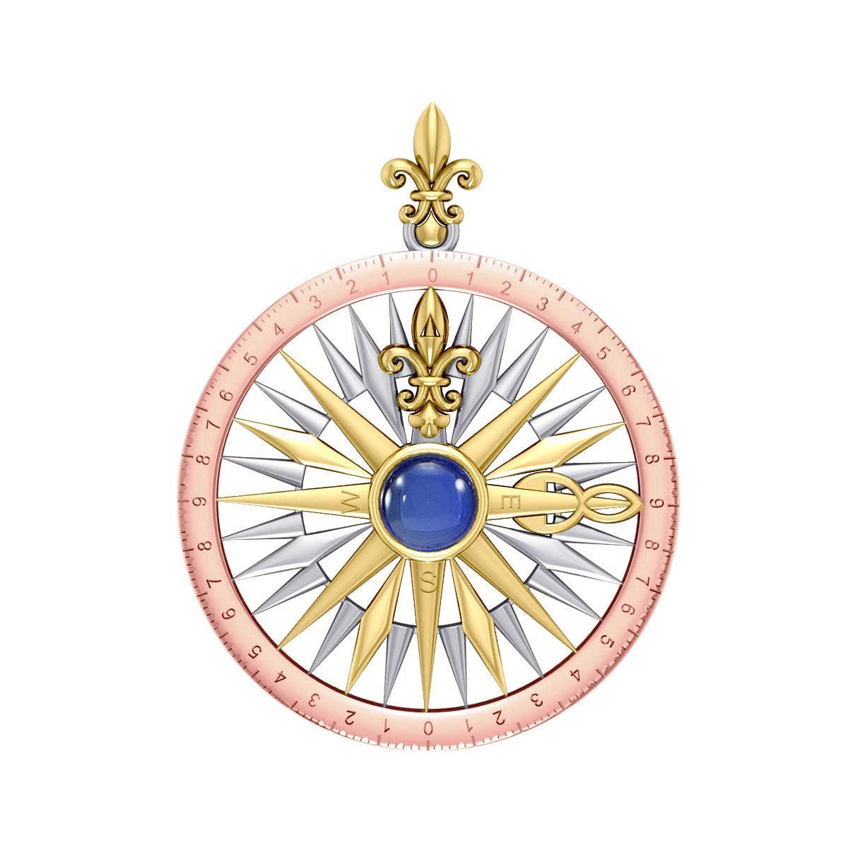 Compass Rose Silver with 14K Yellow Gold and Pink Gold Accent Pendant With Gemstone OTP3152