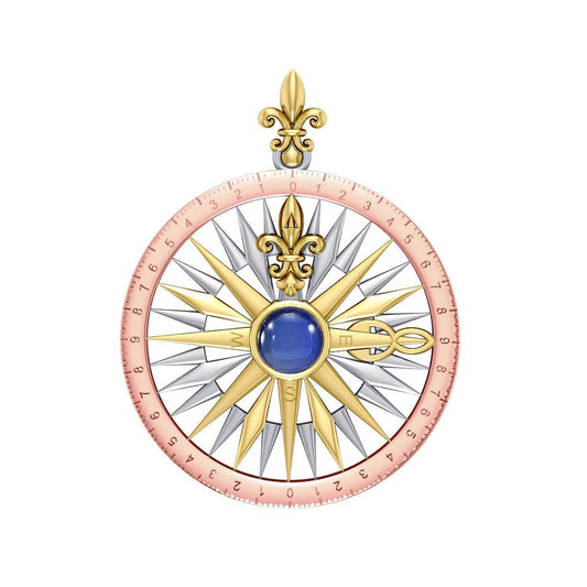 Compass Rose Silver with 14K Yellow Gold and Pink Gold Accent Pendant With Gemstone OTP3152