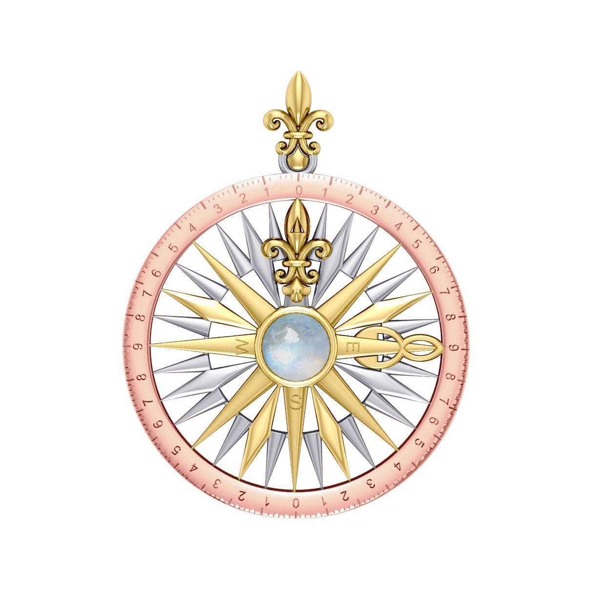 Compass Rose Silver with 14K Yellow Gold and Pink Gold Accent Pendant With Gemstone OTP3152