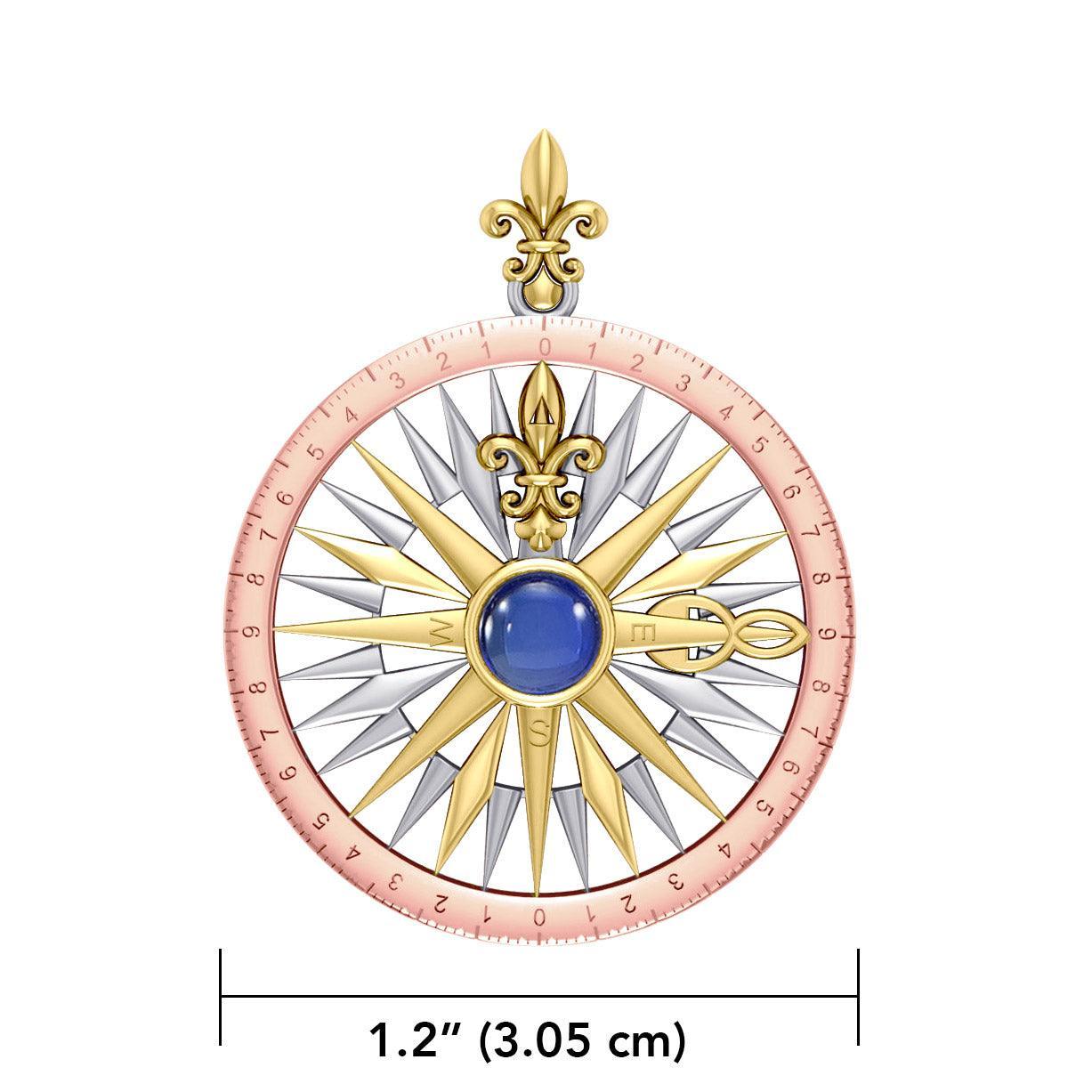 Compass Rose Silver with 14K Yellow Gold and Pink Gold Accent Pendant With Gemstone OTP3152