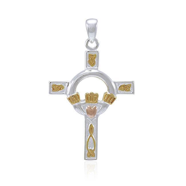 Claddagh on Celtic Knotwork Cross Three Tone Pendant OTP832