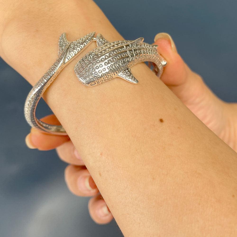 Gentle giants in benign grace ~ Sterling Silver Whale Shark Cuff Bracelet TBA188