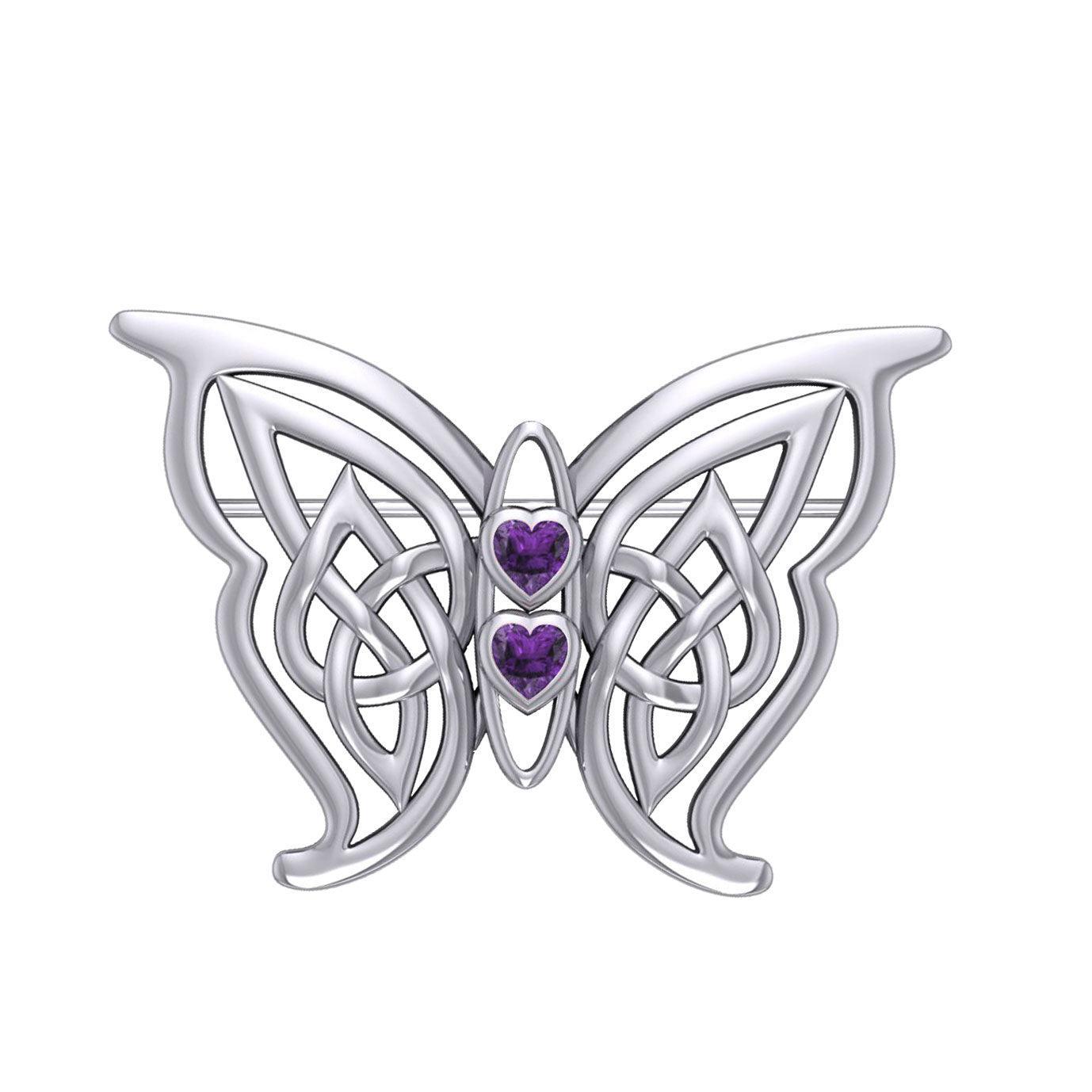 Celtic Transformation Elegance : Sterling Silver Butterfly Brooch with Heart Gemstone by Peter Stone Jewelry TBC167 - peterstone.dropshipping
