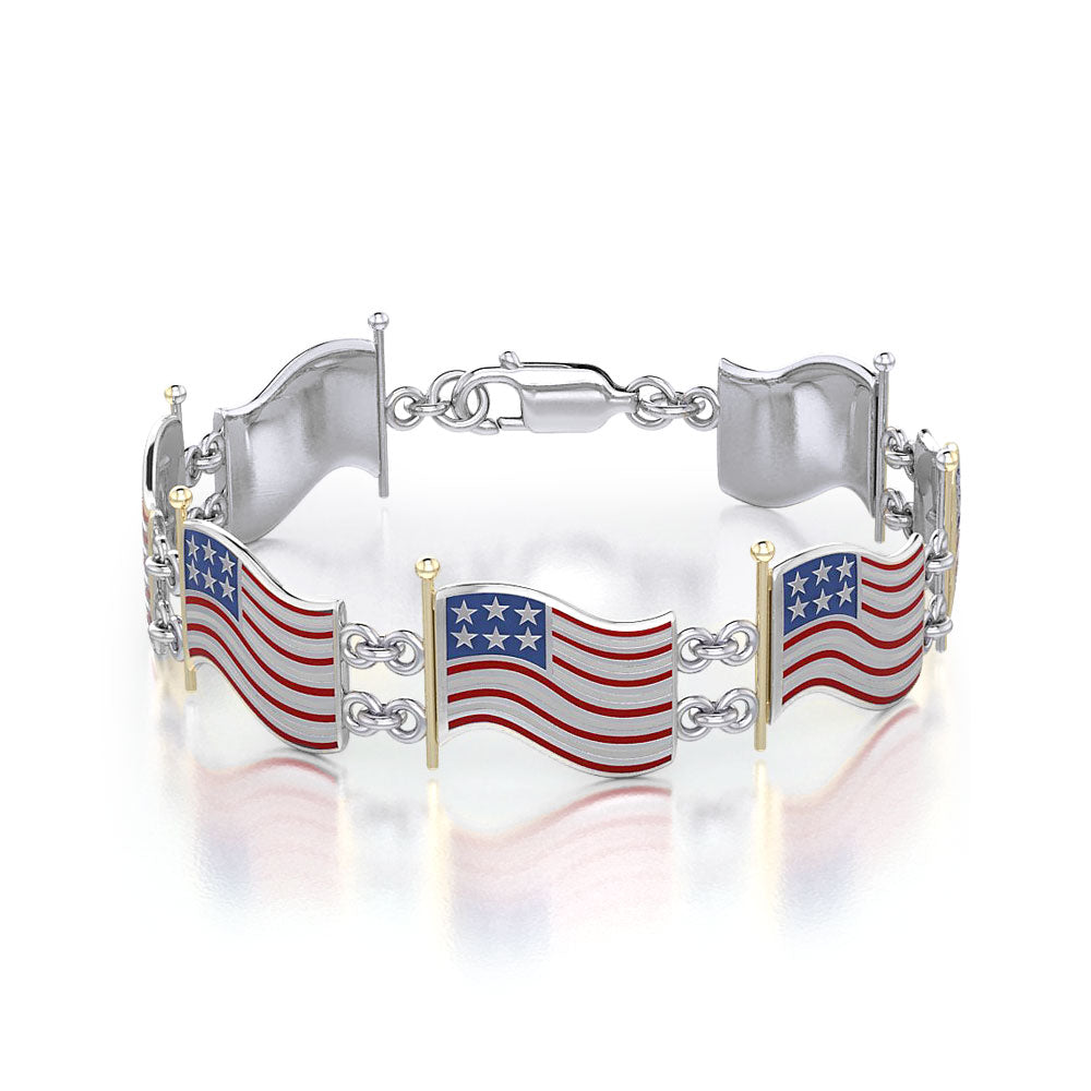 American Flag Sterling Silver and 14K Gold Accent with Enamel Link Bracelet TBGV399