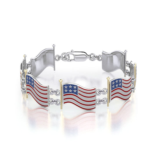 American Flag Sterling Silver and 14K Gold Accent with Enamel Link Bracelet TBGV399