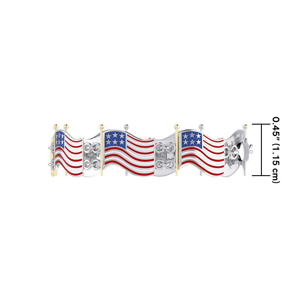 American Flag Sterling Silver and 14K Gold Accent with Enamel Link Bracelet TBGV399