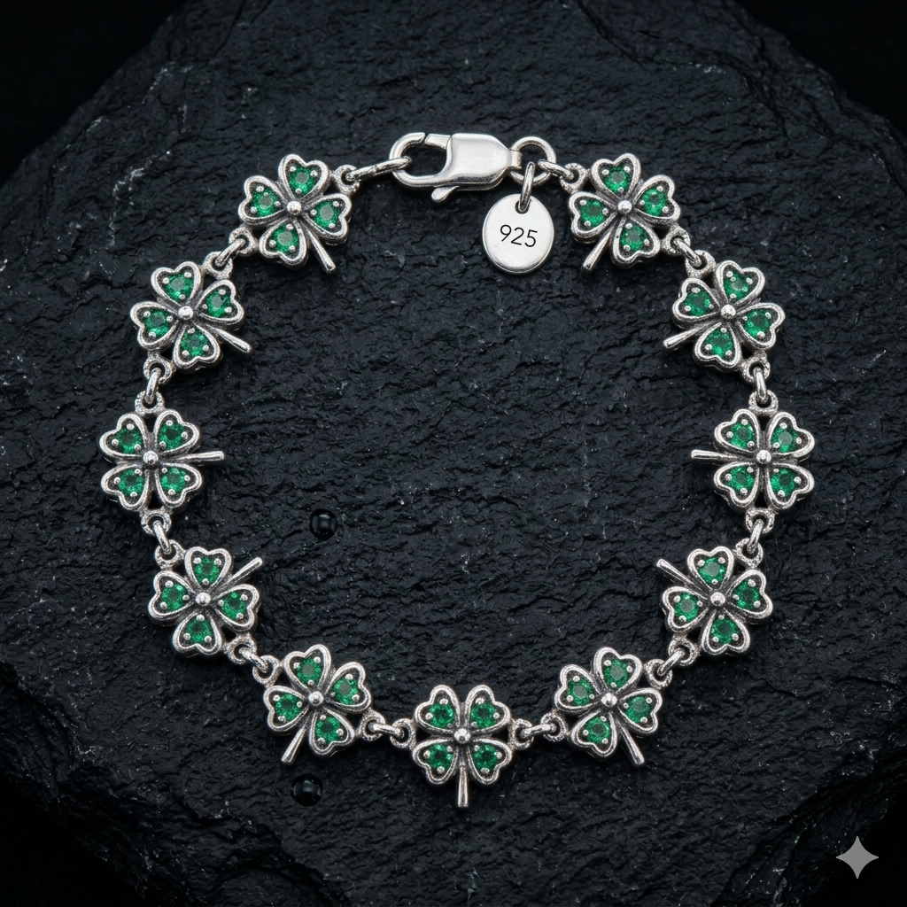 Lucky Gemstones Four Leaf Clover Silver Link Bracelet TBL396