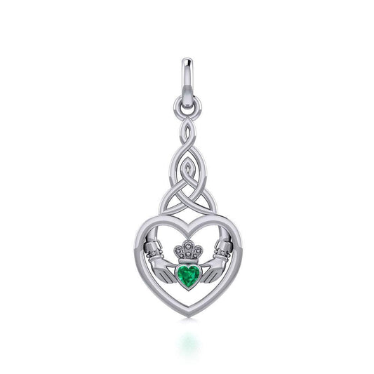 Heart Claddagh with Celtic Trinity Knot Silver Charm with Gemstone TCM667