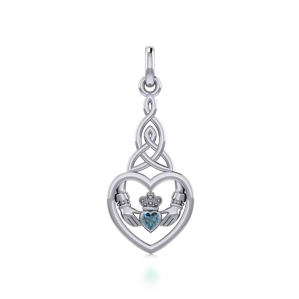 Heart Claddagh with Celtic Trinity Knot Silver Charm with Gemstone TCM667