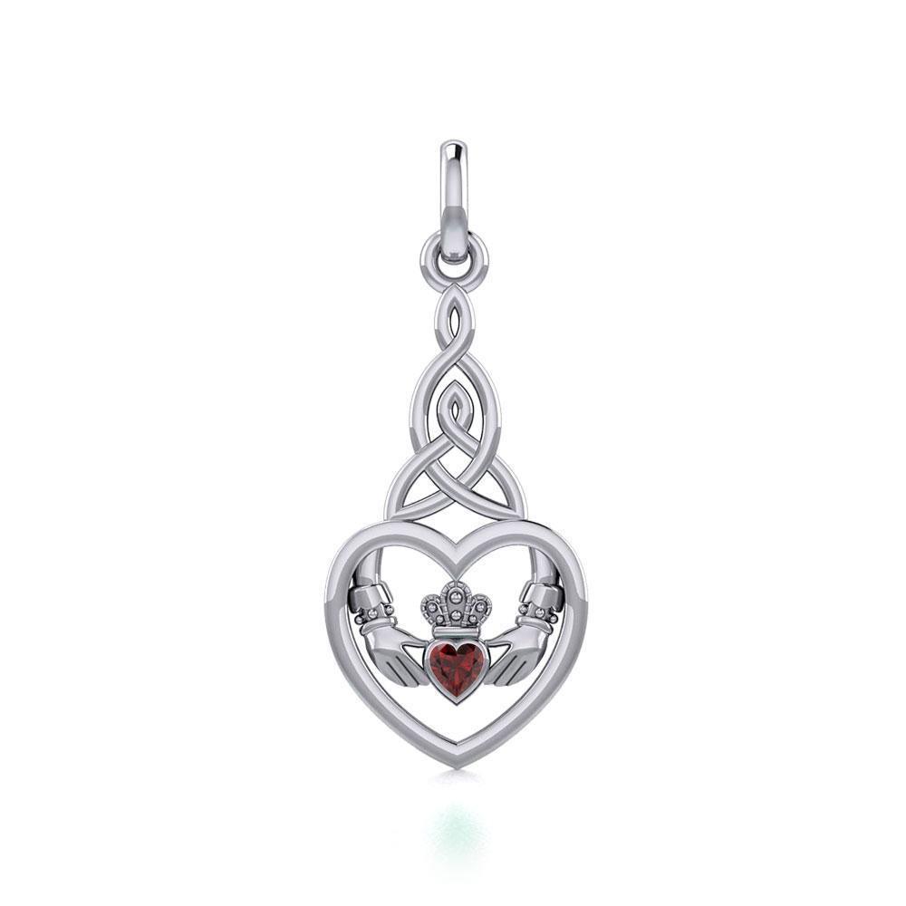 Heart Claddagh with Celtic Trinity Knot Silver Charm with Gemstone TCM667