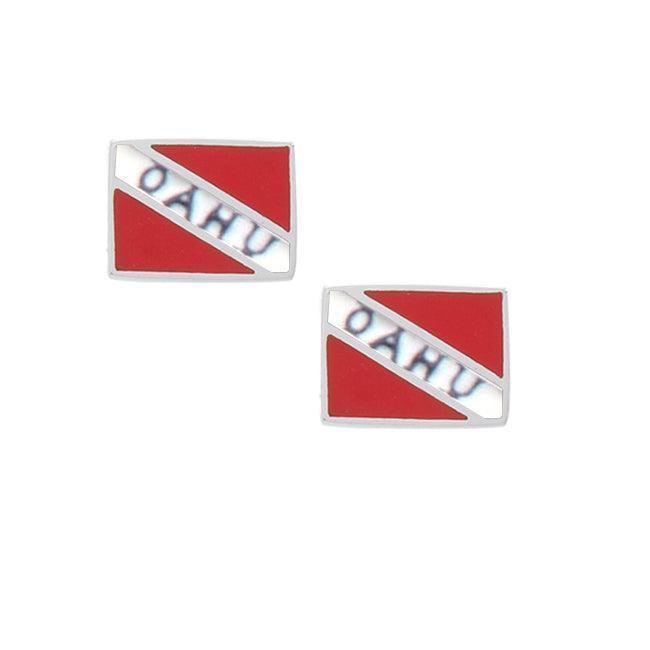 Oahu Island Dive Flag and Dive Equipment Silver Post Earrings TE2772