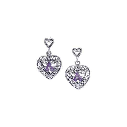 Filigree Heart with Gemstone Sterling Silver Post Earrings TE592