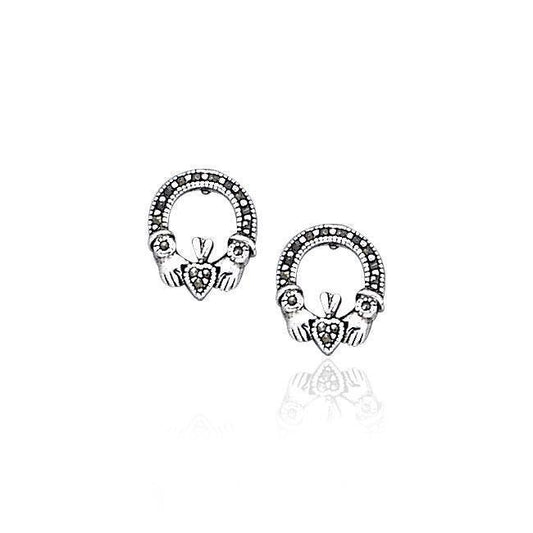 Irish Claddagh Silver Post Earrings with Marcasite TE793