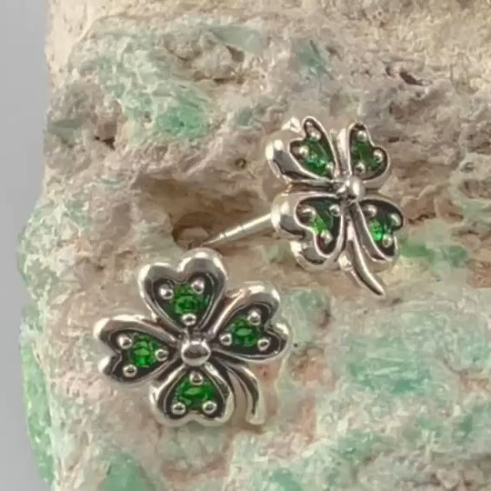 Lucky Four Leaf Clover Silver Post Earrings with Gemstone TER1844
