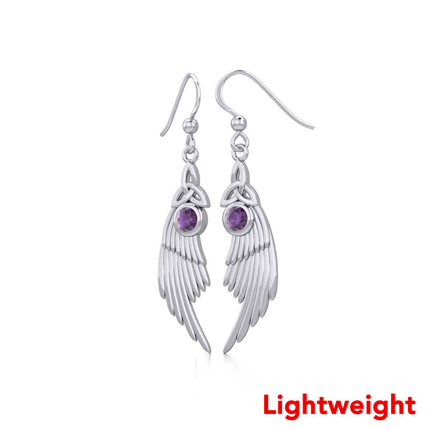 Lightweight Celtic Trinity Knot Angel Wing Silver Earrings with Round Gemstone TER2256