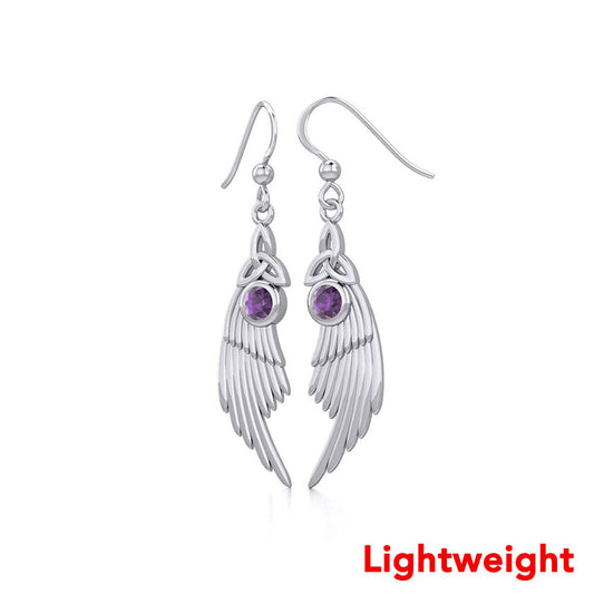 Lightweight Celtic Trinity Knot Angel Wing Silver Earrings with Round Gemstone TER2256