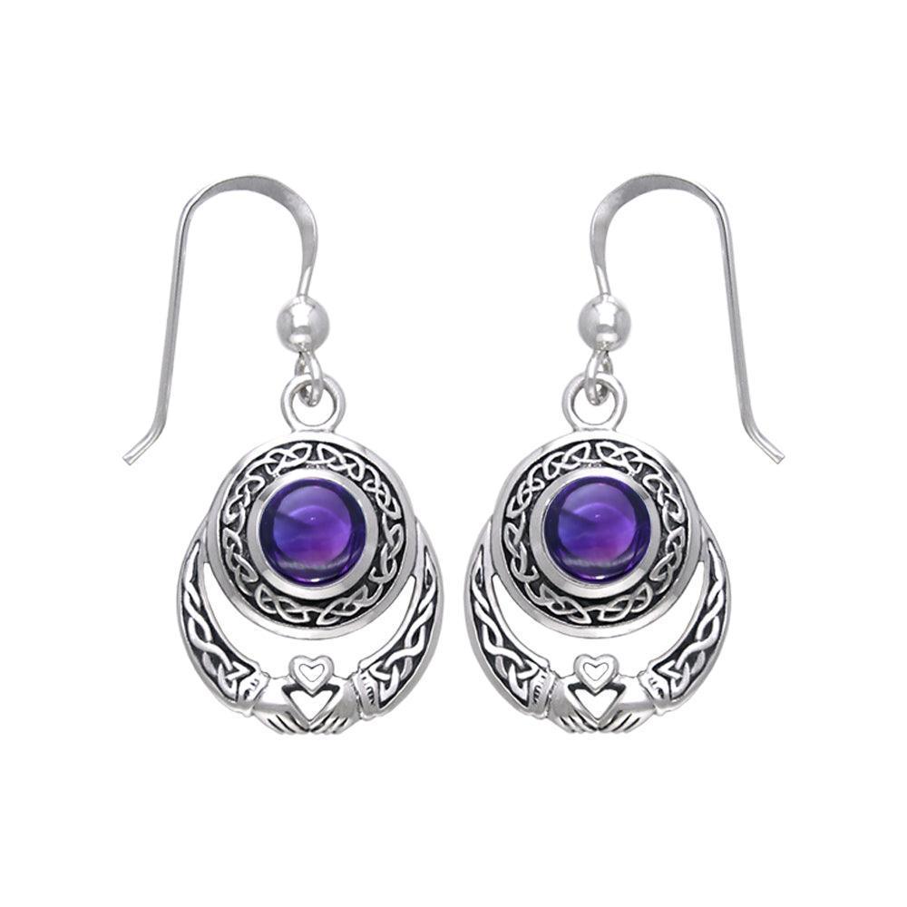 An inspirational love story for years ~ Celtic Knotwork Claddagh Sterling Silver Dangle Earrings Jewelry with Gemstone TER070