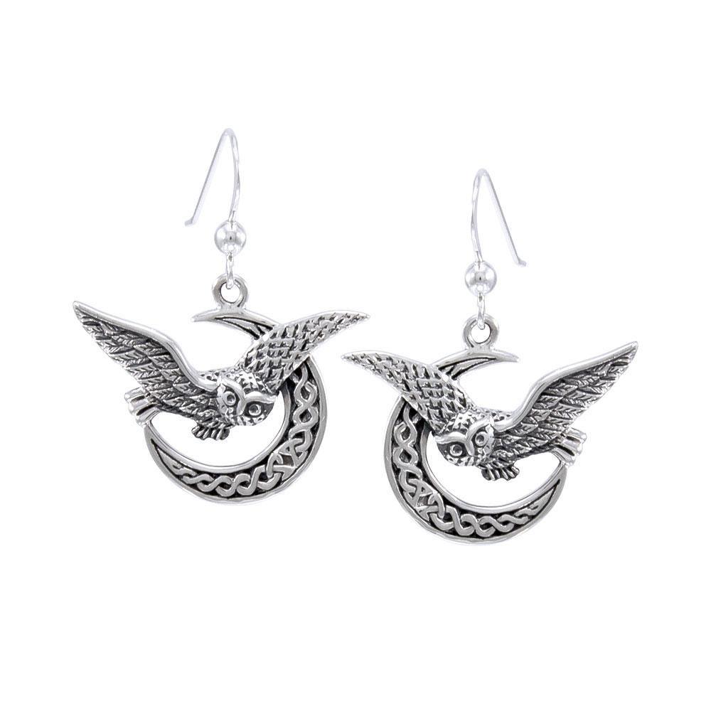 Celtic Owl on Crescent Moon Silver Earrings TER1489