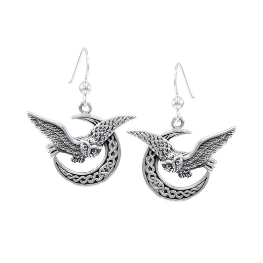 Celtic Owl on Crescent Moon Silver Earrings TER1489