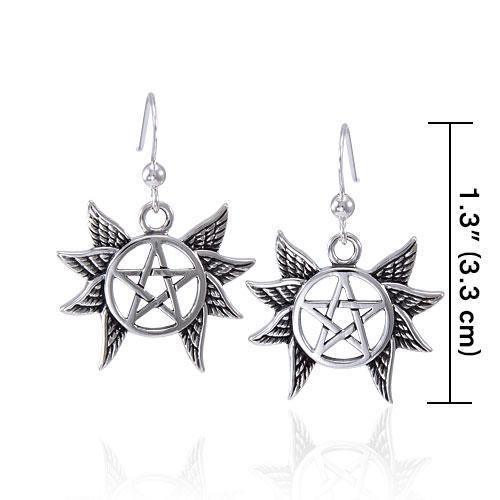 Winged Pentagram Silver Earrings TER1576