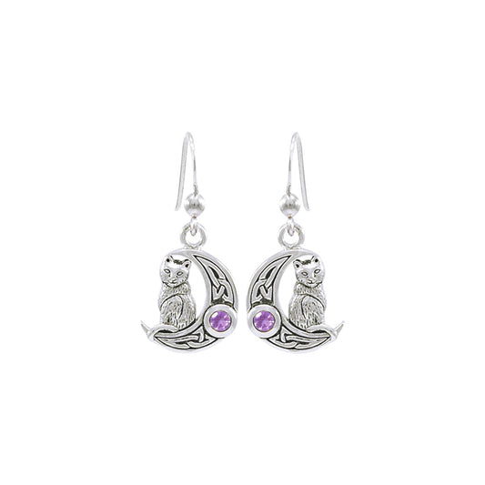 Cat with Celtic Crescent Moon Sterling Silver Earrings TER1595*