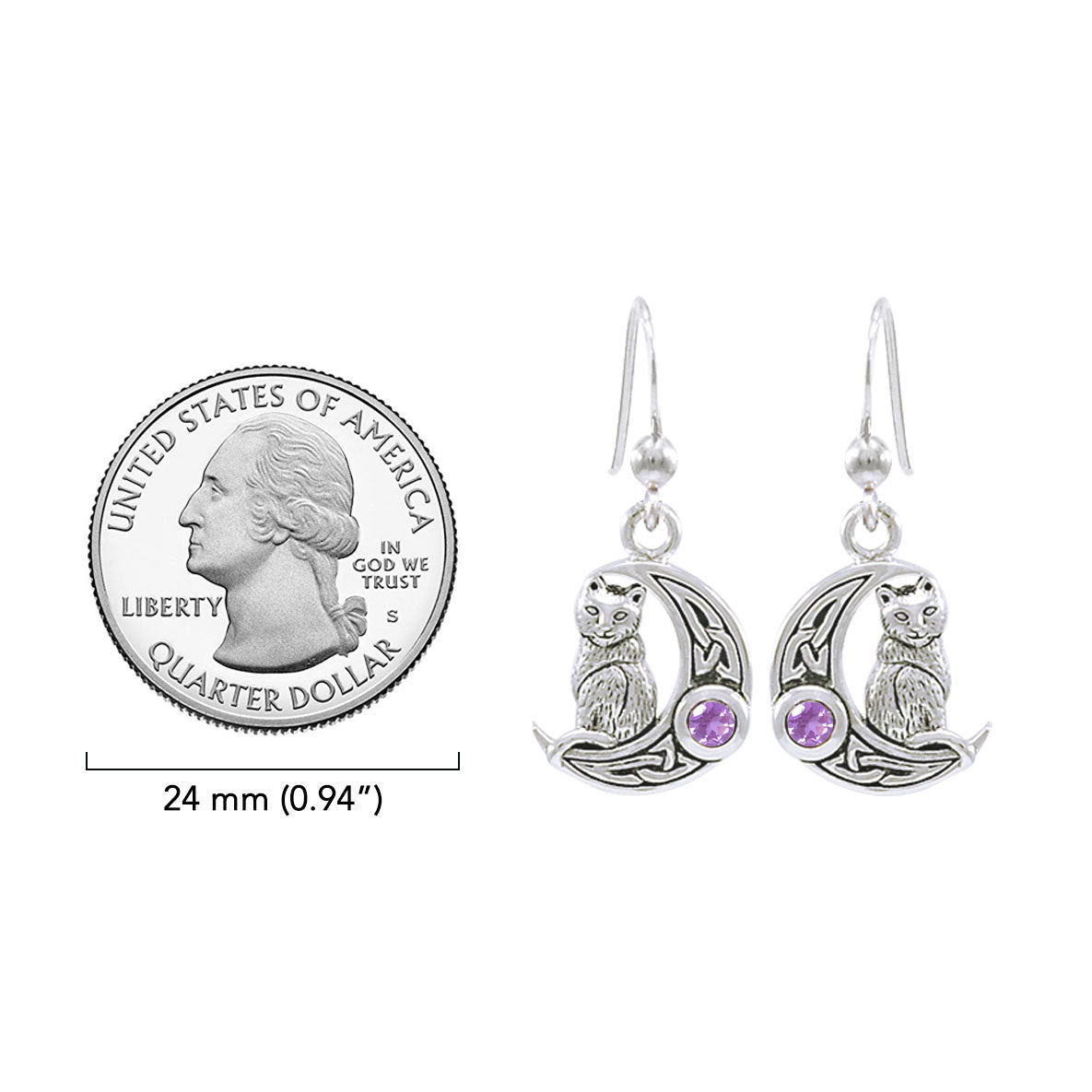 Cat with Celtic Crescent Moon Sterling Silver Earrings TER1595*