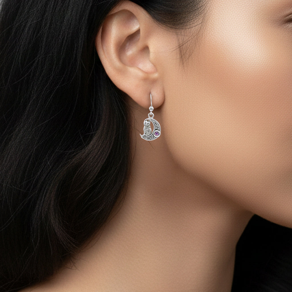 Cat with Celtic Crescent Moon Sterling Silver Plated over Solid Brass Earrings BER1595*