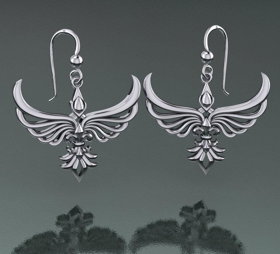 Phoenix with Fleur De Lis Sterling Silver Earrings TER1703 - peterstone.dropshipping