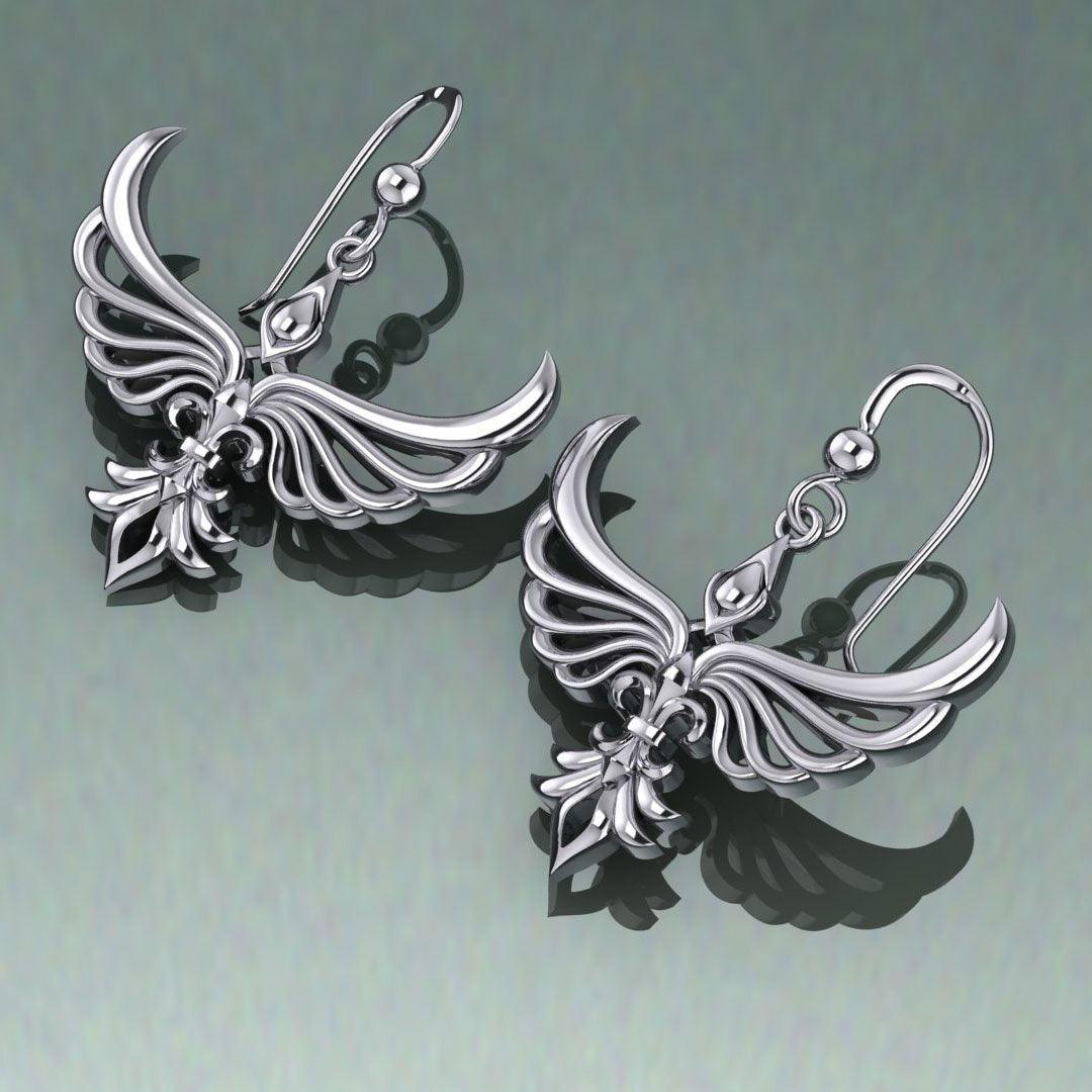 Phoenix with Fleur De Lis Sterling Silver Earrings TER1703 - peterstone.dropshipping