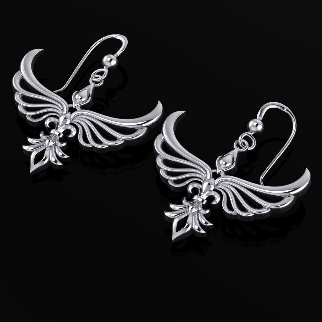 Phoenix with Fleur De Lis Sterling Silver Earrings TER1703 - peterstone.dropshipping
