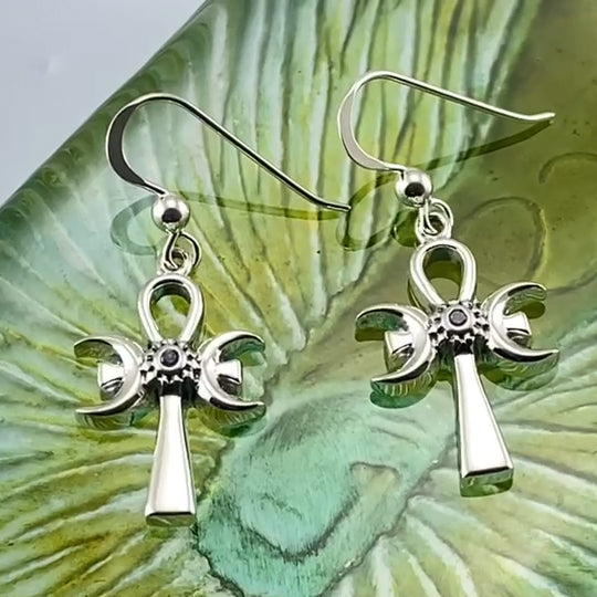 A breath of life ~ Sterling Silver Triple Goddess Ankh Hook Earrings with Gemstone TER1708