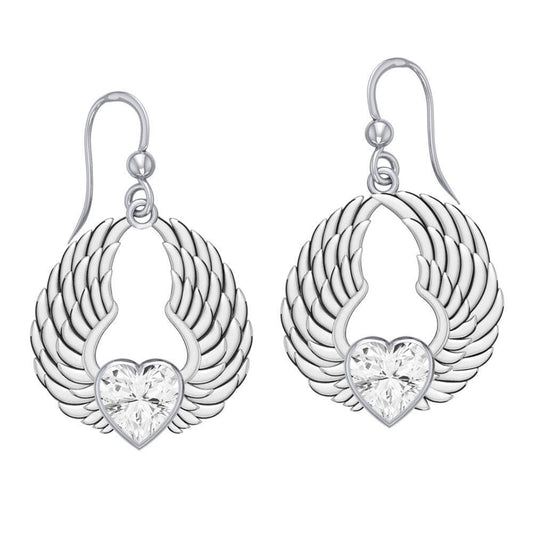 Gemstone Heart and Angel Wings Silver Earrings TER1742