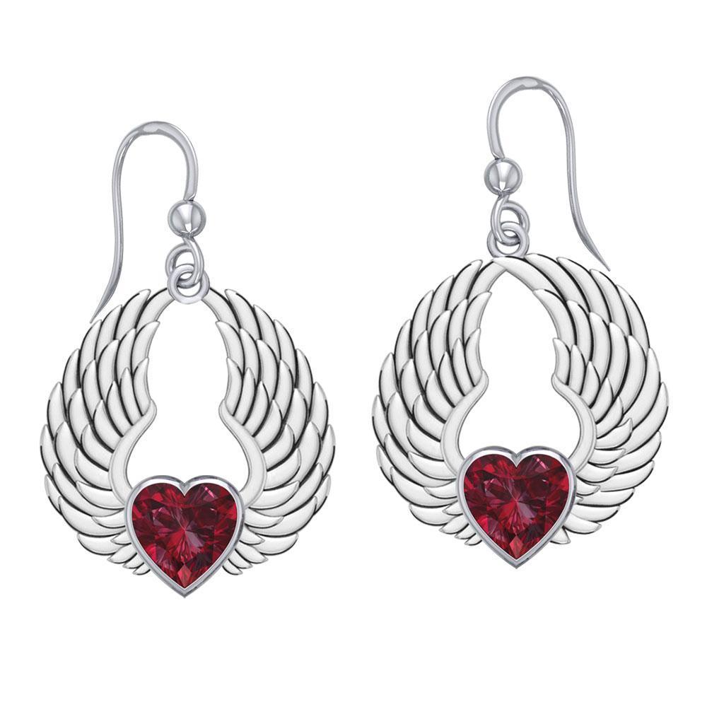 Gemstone Heart and Angel Wings Silver Earrings TER1742