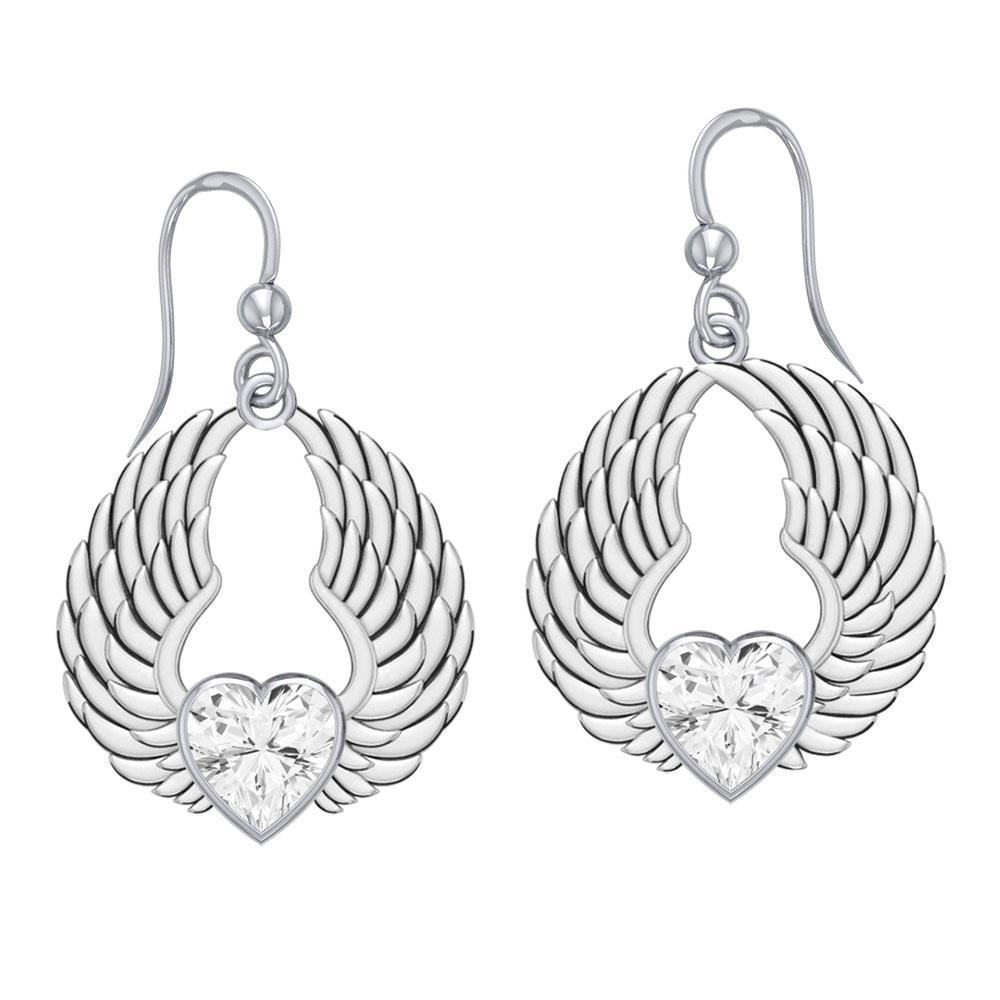 Gemstone Heart and Angel Wings Silver Earrings TER1742